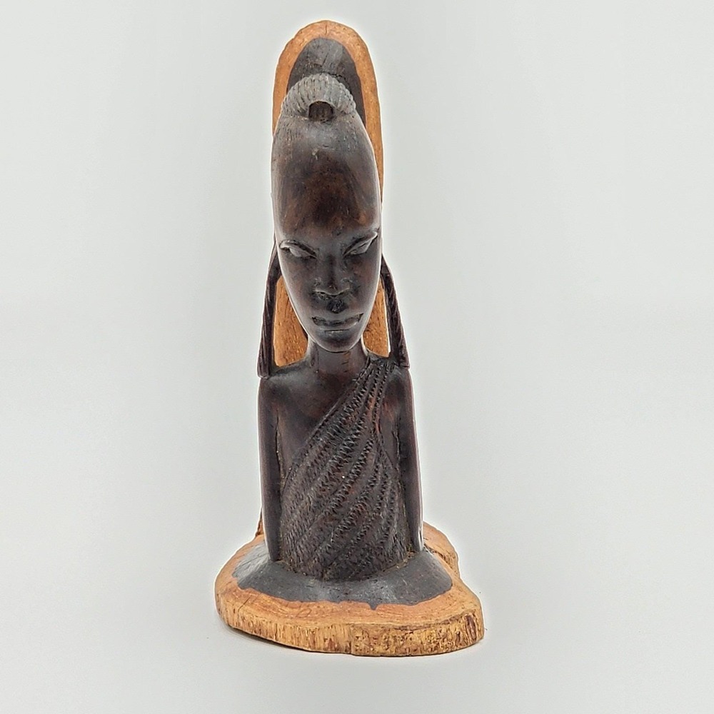 Vintage African Hand Carved Ebony Wood Bust Tribal Art Sculpture Maasai Makonde
